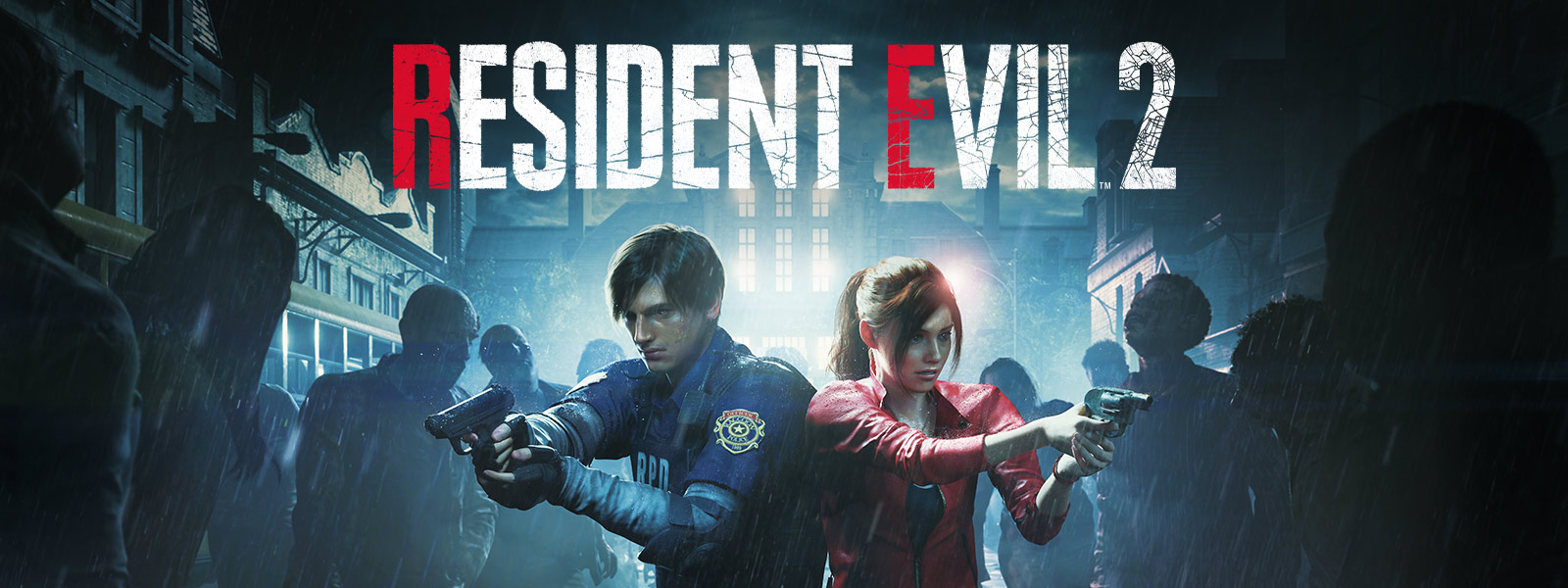 Resident Evil 2: Leon Kennedy och Claire Redfield står sida vid sida och siktar sina vapen mot zombies