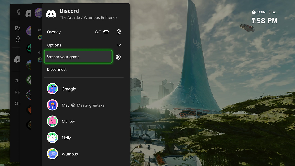 A screenshot of the Xbox console UI showing Discord streaming settings.