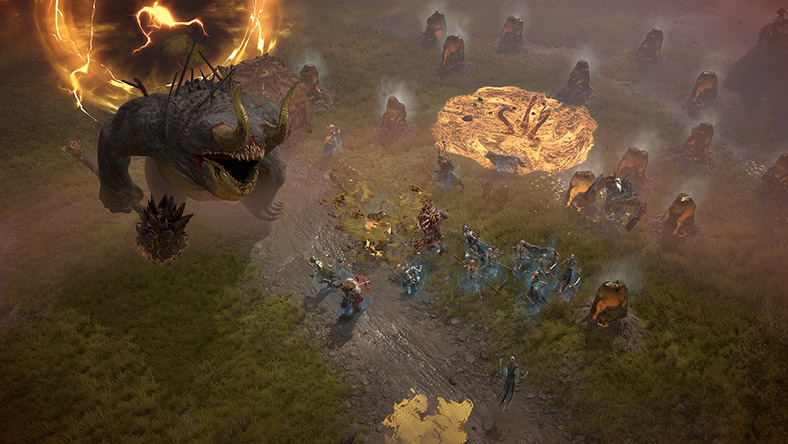 Large monster coming out of a portal with a group of adventurers fighting against the monster and demons.