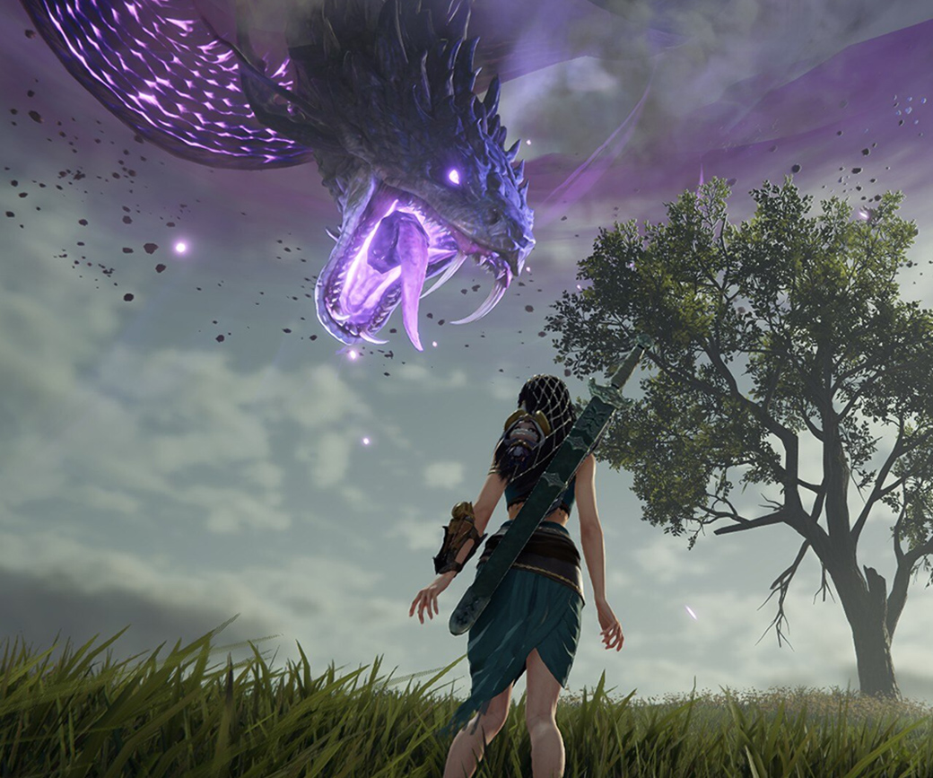På en vindblæst græsmark ser en kriger en nedfaldende himmelslange i øjnene.
