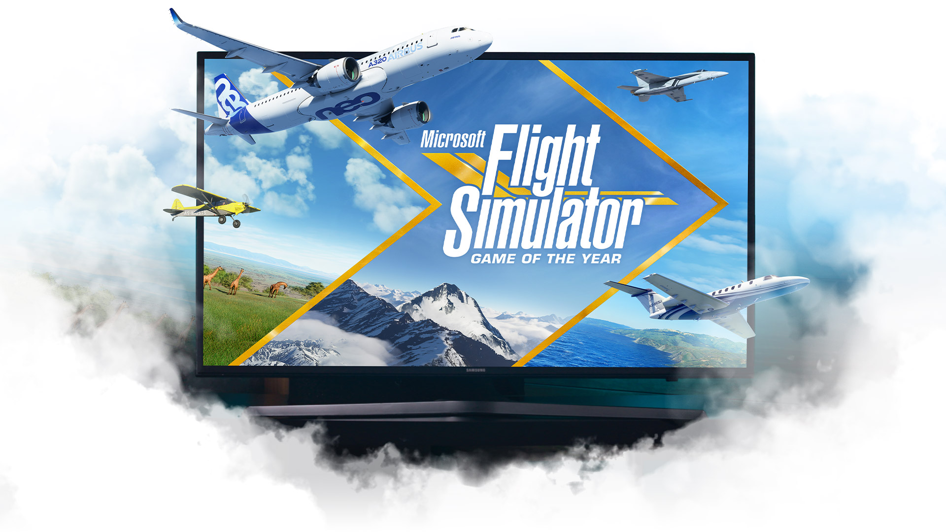 雲に囲まれたテレビから浮かび上がる『Microsoft Flight Simulator』の飛行機
