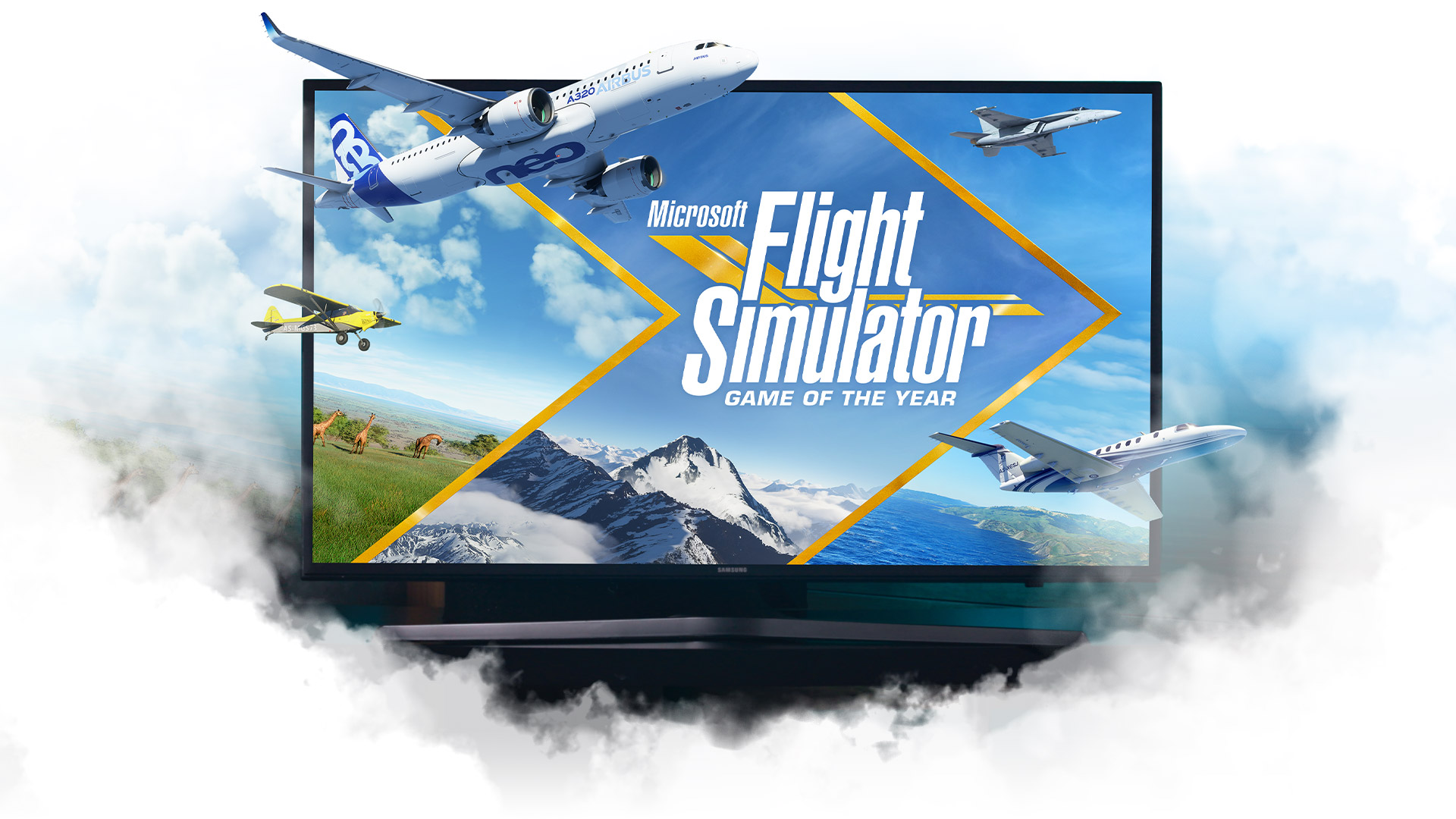 Microsoft Flight Simulator planes emerging from a TV surrounded by clouds