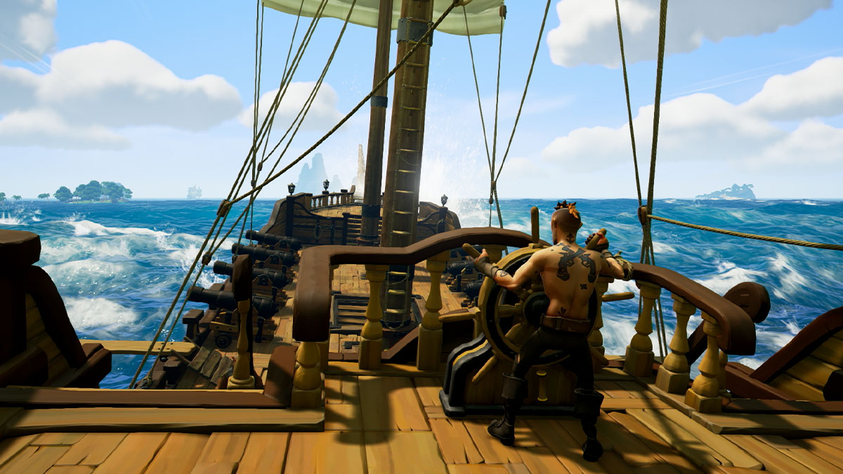 Sea of Thieves, um marinheiro no leme de um navio.