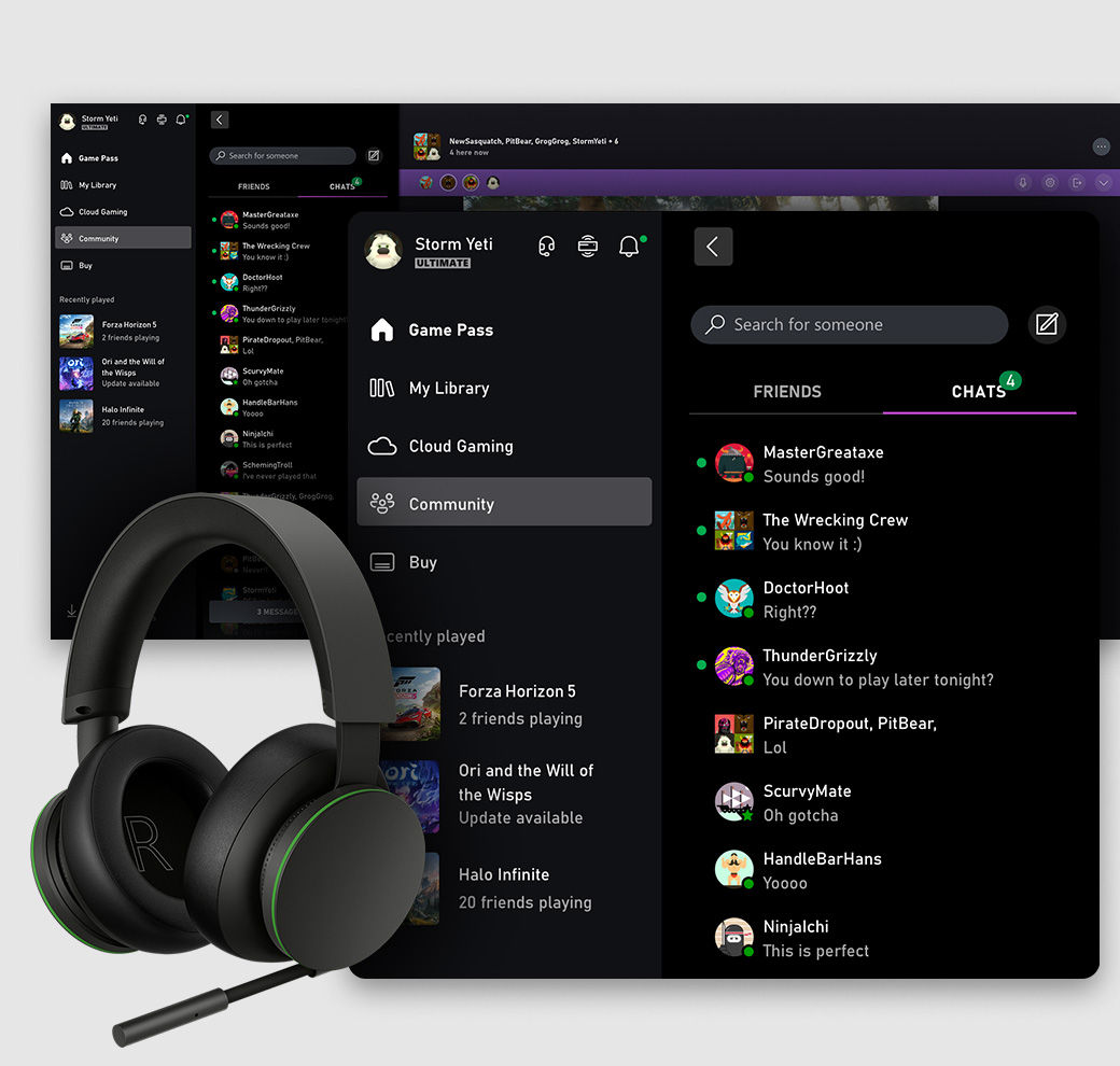 La interfaz de usuario de la app Xbox para PC Windows, que muestra la pestaña social