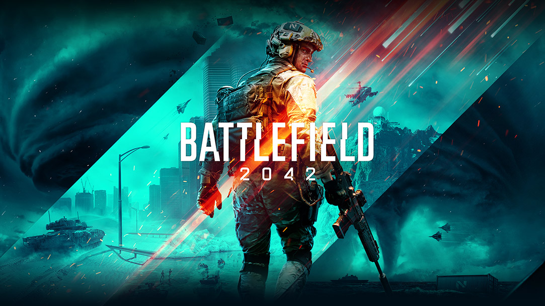 Battlefield 2042. En soldat ser sig om över axeln med en blandning av olika krigsmiljöer i bakgrunden.
