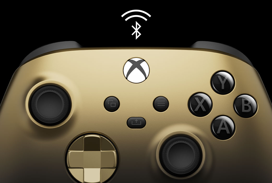 Wyśrodkowane zbliżenie kontrolera bezprzewodowego Xbox w wersji specjalnej Gold Shadow z logo Bluetooth