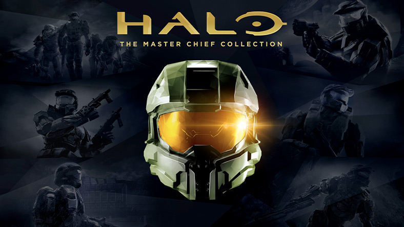 Halo, The Master Chief Collection, Vooraanzicht van de helm van Master Chief met afbeeldingen van eerdere Halo-games op de achtergrond
