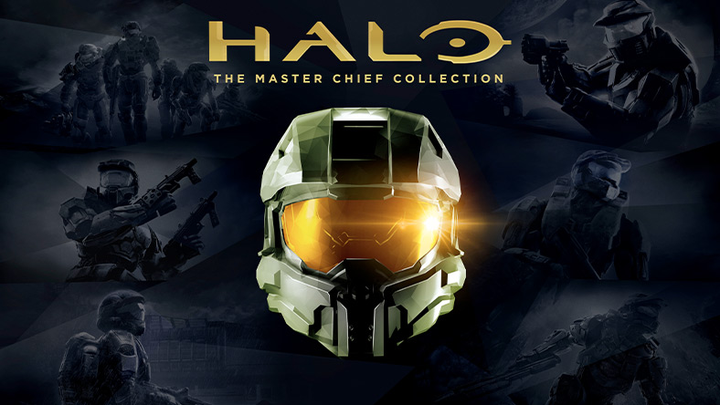 Halo: The Master Chief Collection, Master Chiefin kypärä edestä kuvattuna, taustalla pelitaidetta aikaisemmista sarjan peleistä