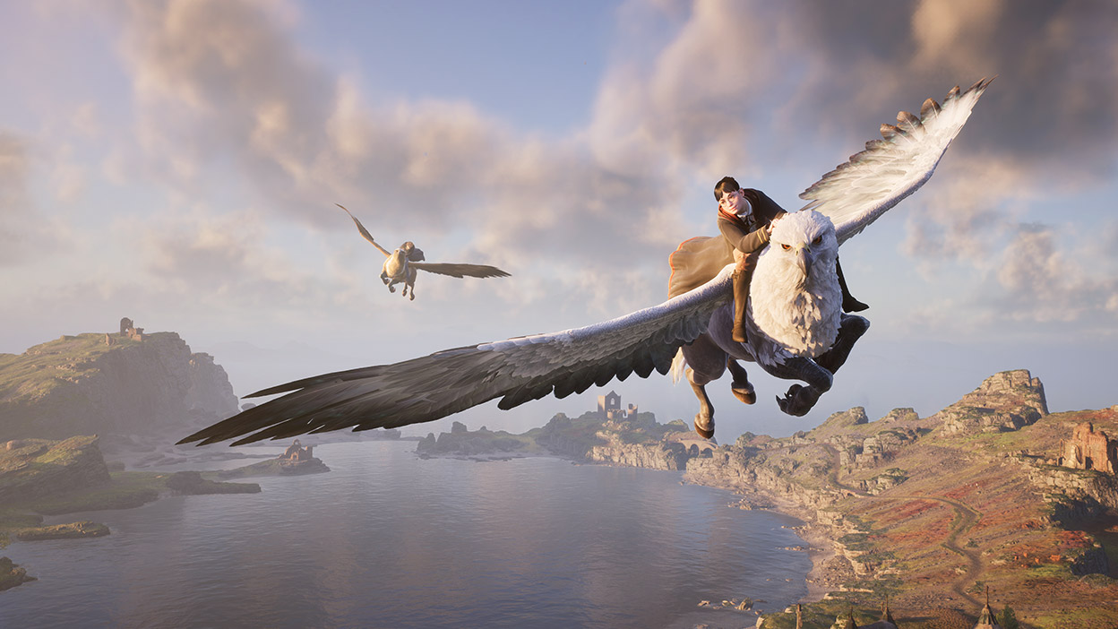 Two wizards fly high in the sky on hippogriffs.
