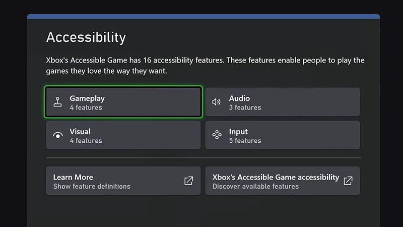 Xbox アクセシビリティ機能メニューのスクリーンショット。