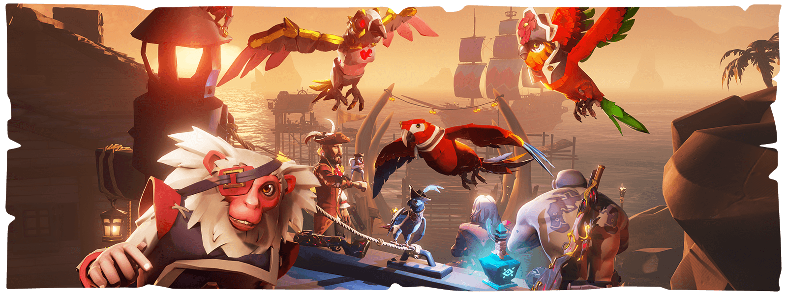 Characters, parrots, and a monkey in front a ship port from Sea of Thieves