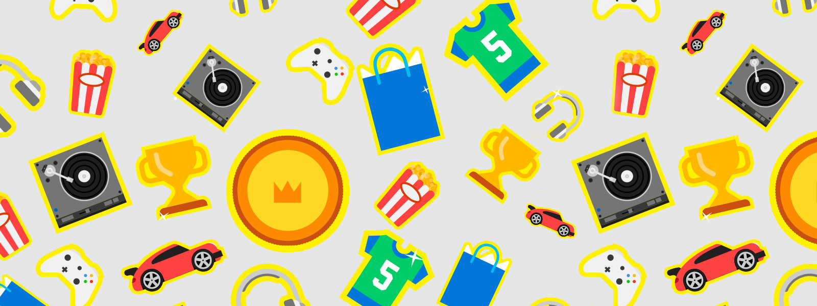 Various icons, including popcorn buckets, headphones, trophies, and cars. 