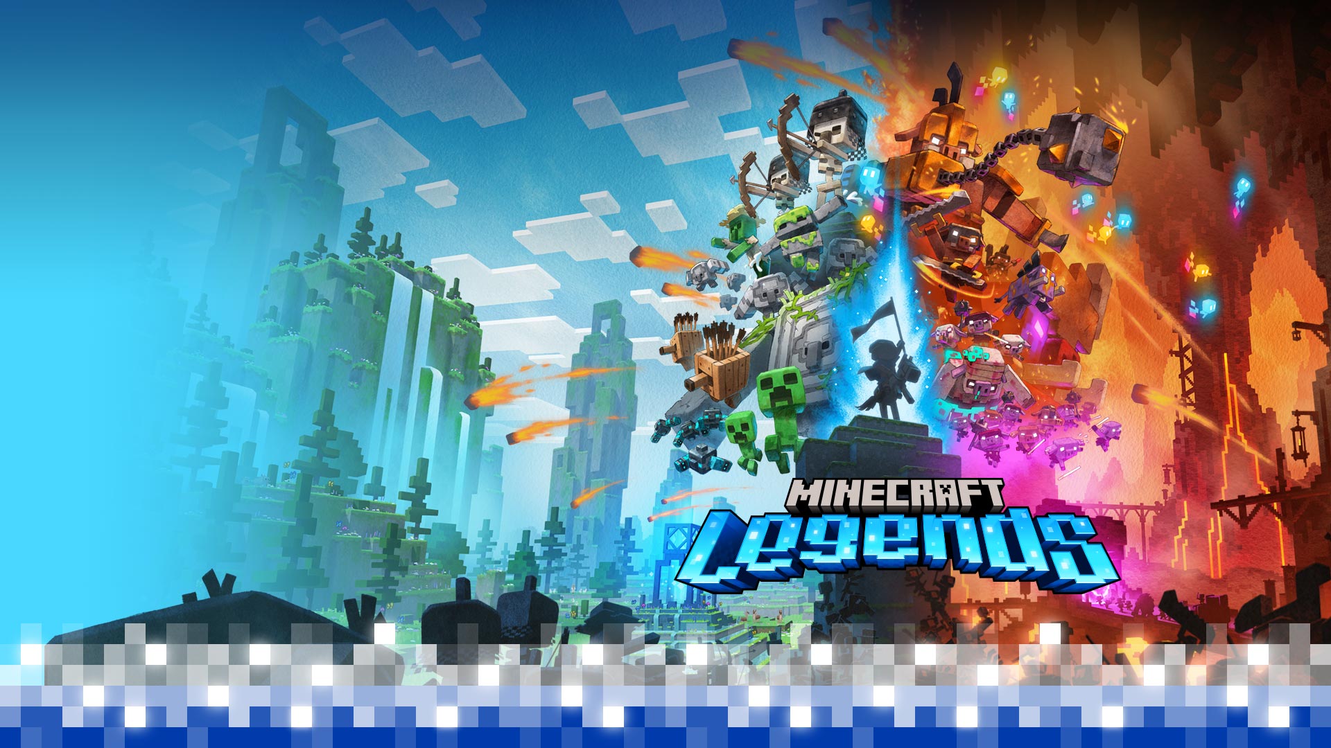 Minecraft Legends, the Overworld and the Nether clash with mobs from both worlds preparing to fight as the silhouette of a hero stands in the middle.