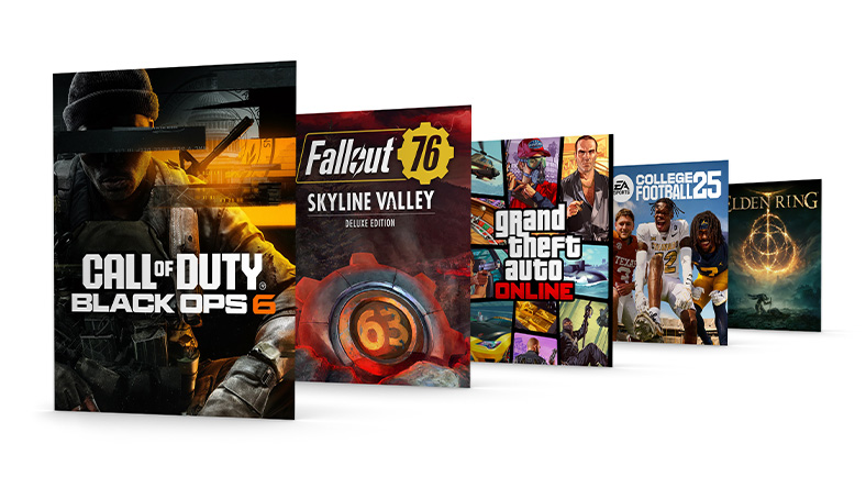 Imágenes de las cajas de Call of Duty: Black Ops 6, Fallout 76 Skyline Valley Deluxe Edition, Grand Theft Auto Online, EA SPORTS™ College Football 25 y Elden Ring.