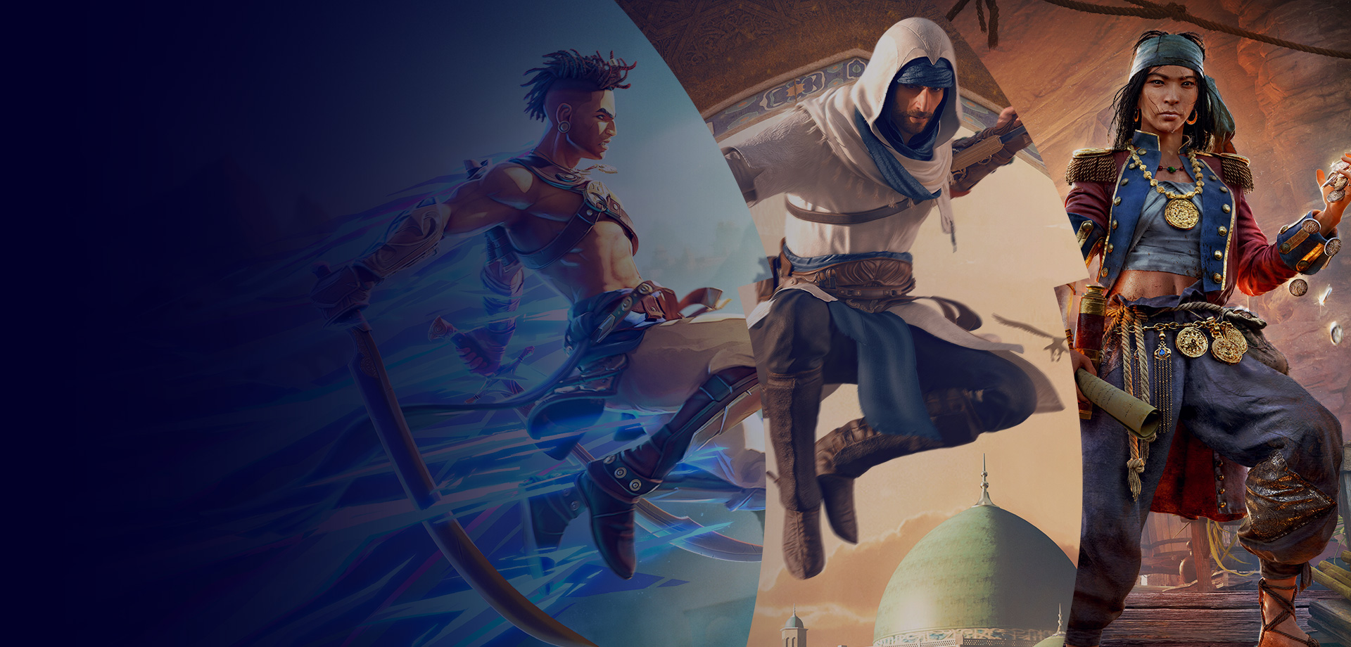 Un tríptico con imágenes de los personajes de Prince of Persia, Assassin's Creed y Skull and Bones.