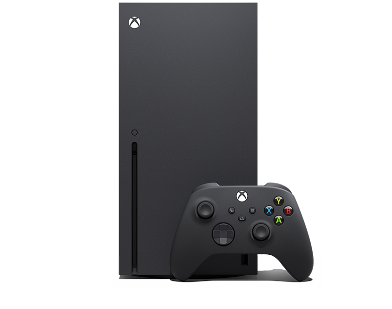 Преден ъгъл на Xbox Series X с безжичен контролер на Xbox