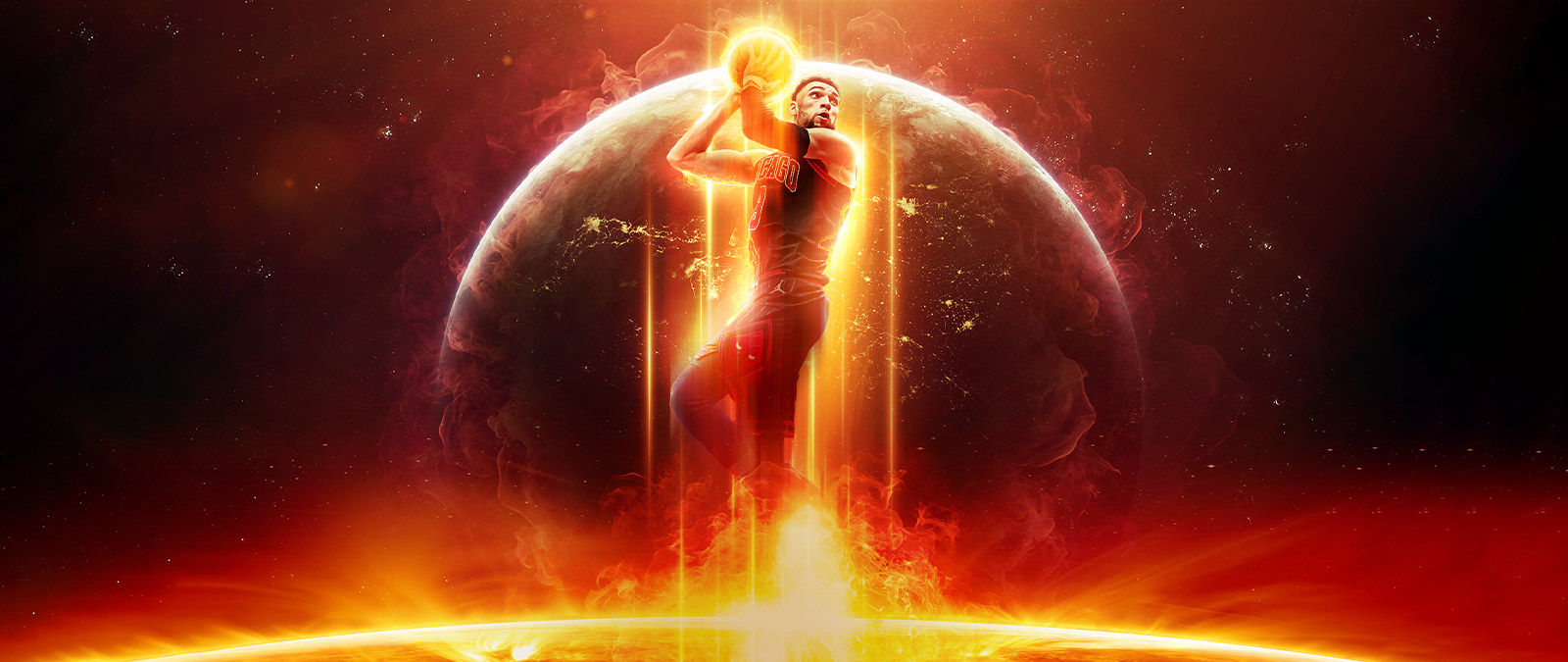 Kevin LaVine jumps with a basketball in hand overhead. An orange glow outlines him, a planet in space behind him.