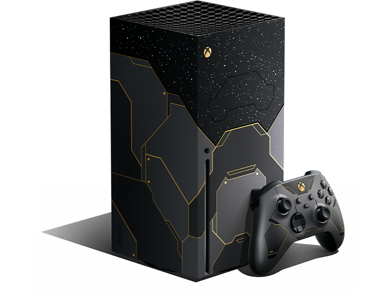 Thumbnail image: Left angle of the Xbox Series X Halo Infinite Limited Edition console and controller