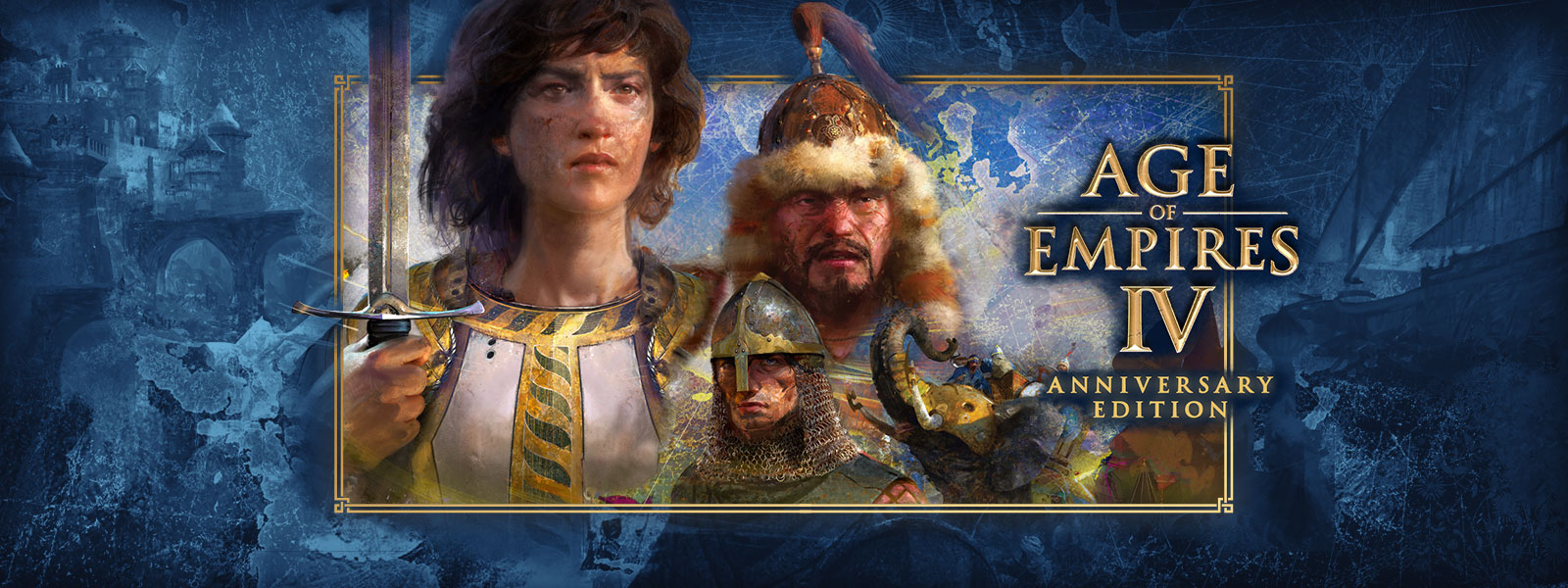 Age of Empires IV: Anniversary Edition. Three characters with scenes of war and armored elephants around them.