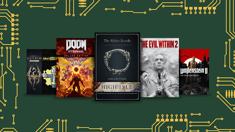 Box art from games that are part of the Quakecon Sale, including DOOM Eternal Deluxe Edition, The Elder Scrolls Online Collection: High Isle, and The Evil Within 2.