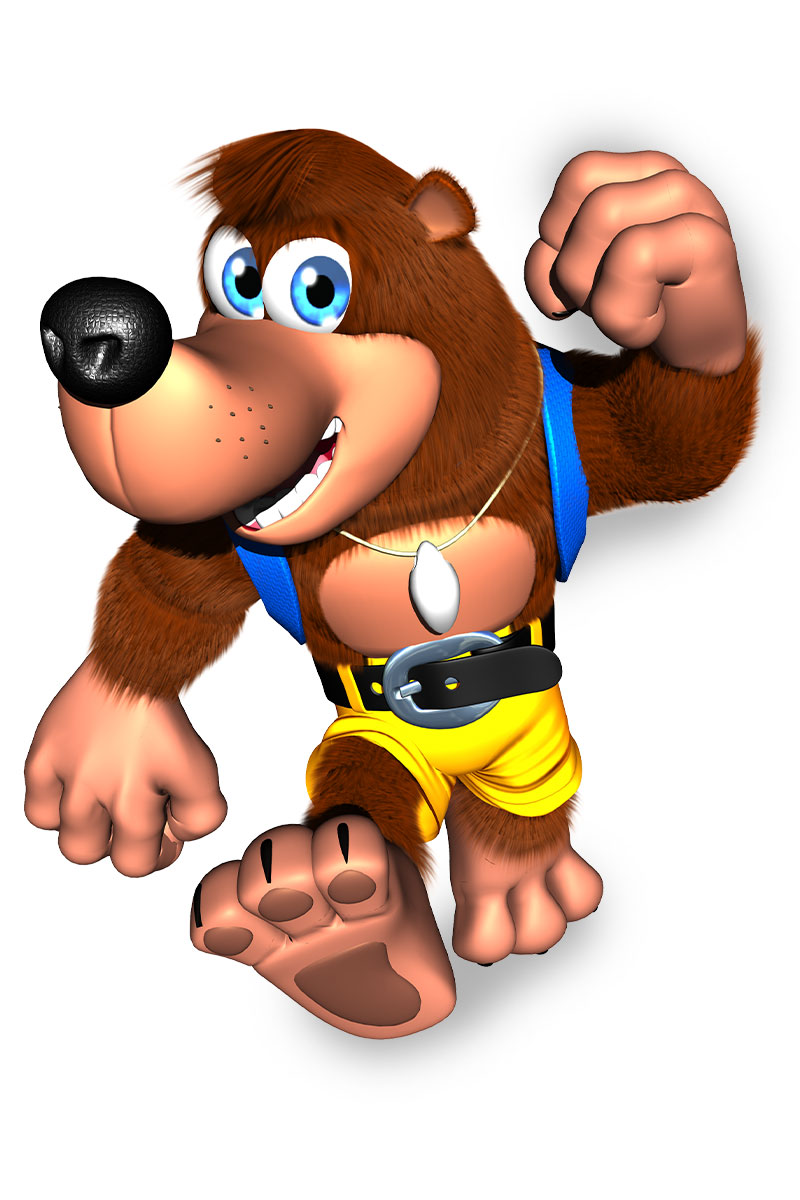 Banjo from Banjo & Kazooie strides confidently forward with a big smile.