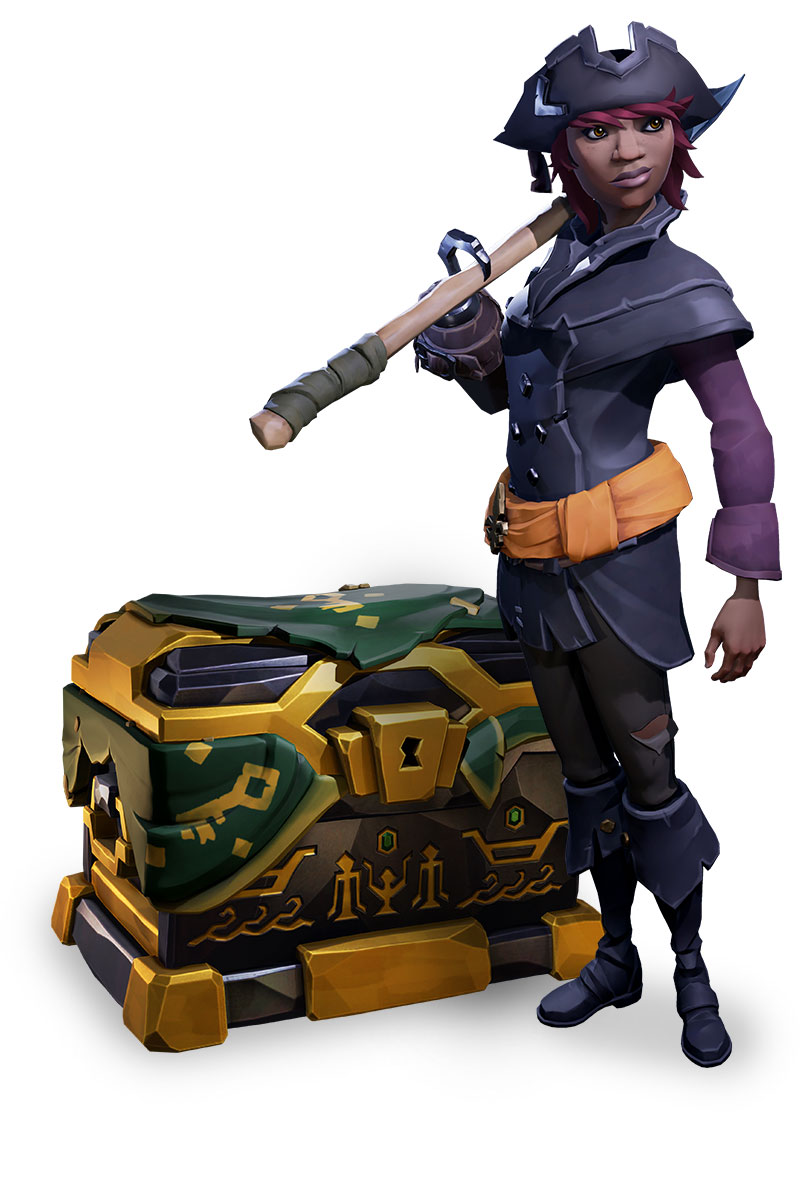 A pirate from Sea of Thieves guards an elegant treasure chest.