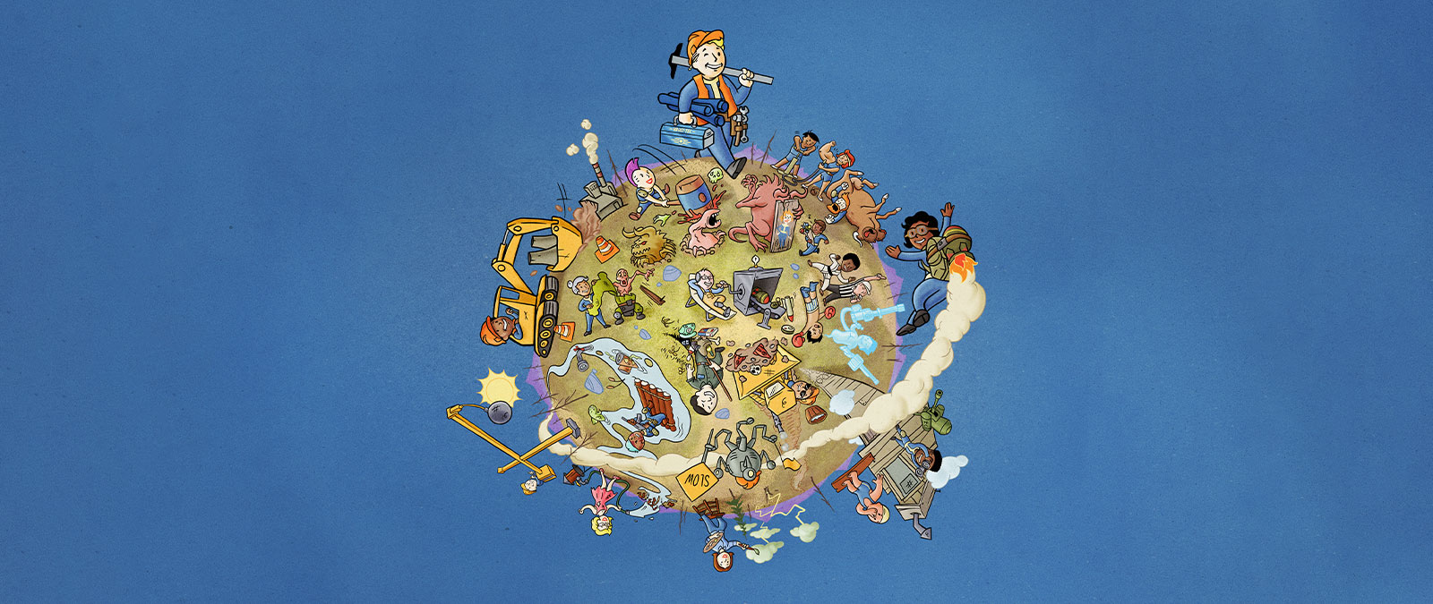 Fallout 76-Figuren auf einem Globus bei verschiedenen Aktivitäten