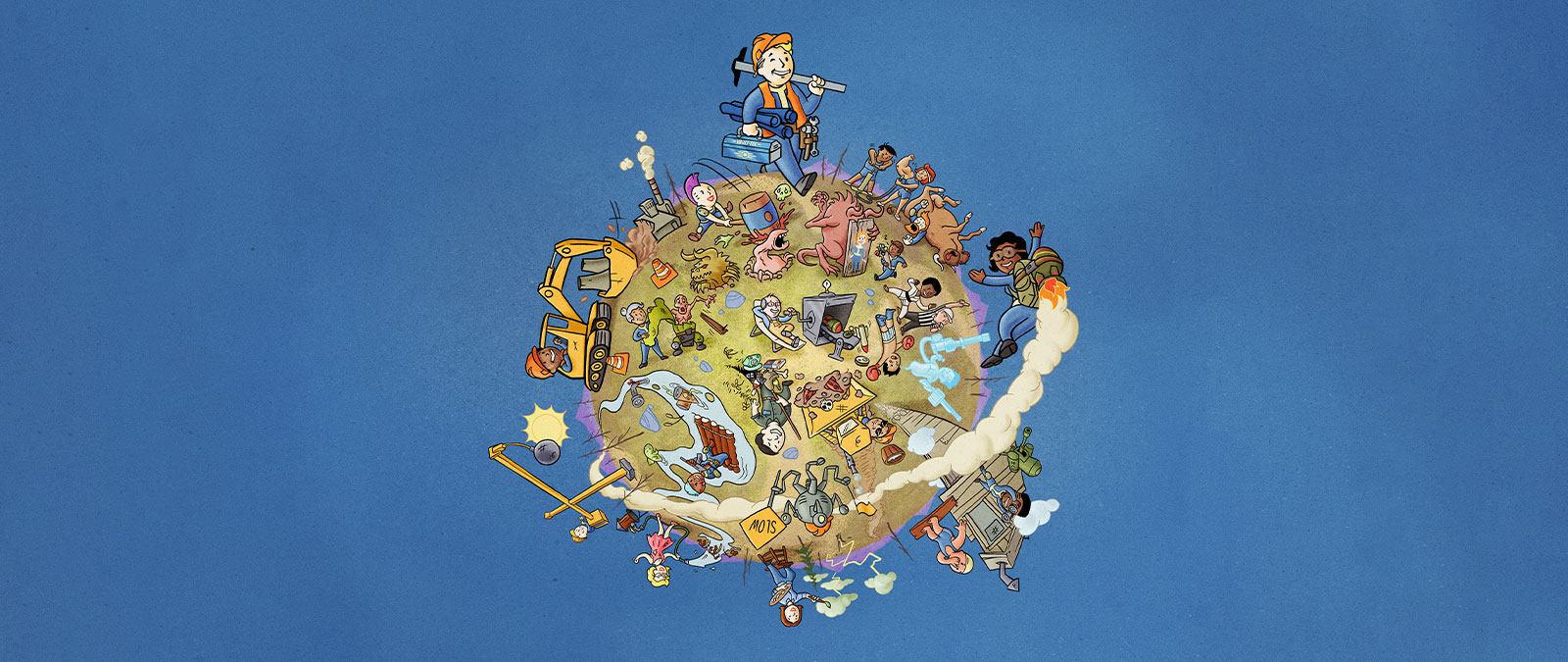 Fallout 76-personages die verschillende activiteiten uitvoeren op een wereldbol