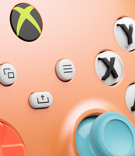 Close-up van de reeks controls op de voorkant van de Xbox draadloze controller - Sunkissed Vibes OPI Special Edition.