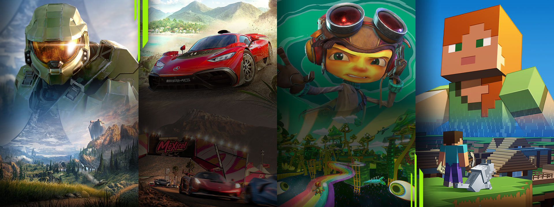 A selection of games available with Xbox Game Pass including Halo Infinite, Forza Horizon 5, Psychonauts 2 and Minecraft.