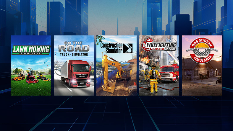 Box art from games included in the ID at XBOX Simulator Sale, Lawn Mowing Simulator, On the Road Truck-Simulator, Construction Simulator, Firefighter Simulator – The Squad, Gas Station Simulator.
