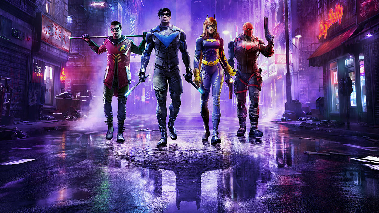 Robin, Asa Noturna, Batgirl e Capuz Vermelho caminham pelas ruas chuvosas com o reflexo de Batman abaixo deles em uma poça.