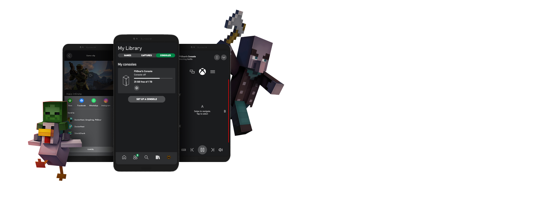 Postavy z hry Minecraft okolo niekoľkých snímok obrazovky používateľského rozhrania aplikácie Xbox pre mobil.