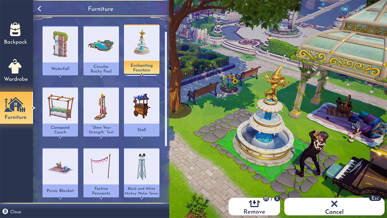Képernyőkép egy játékon belüli menüről, amely a városban elhelyezhető bútorok széles választékát kínálja.