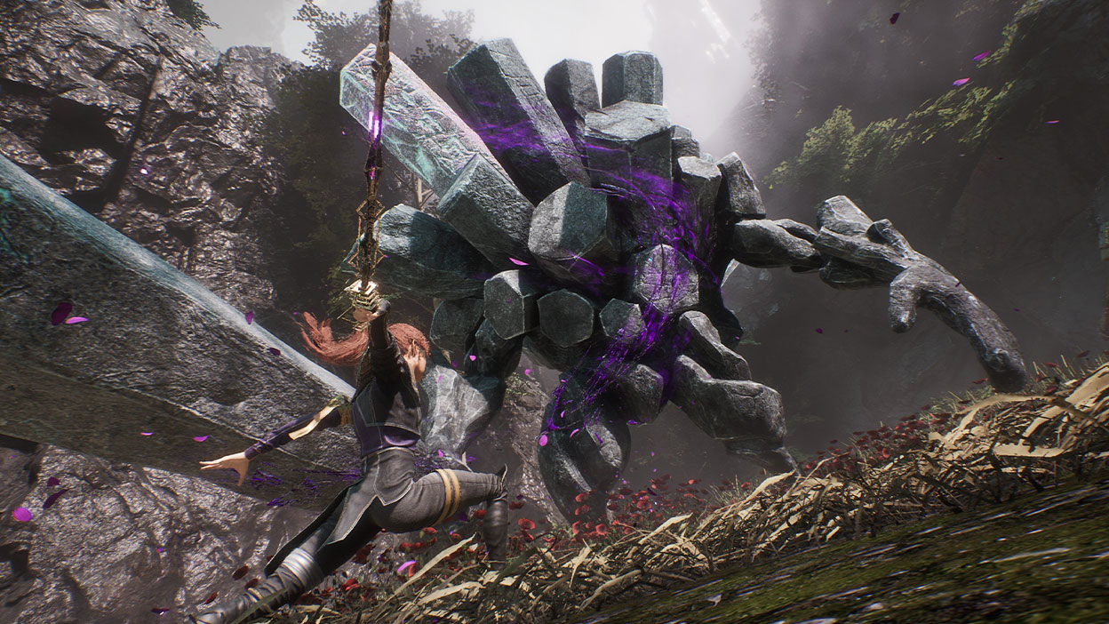 A character slashing forward with a sword at a giant rock monster.