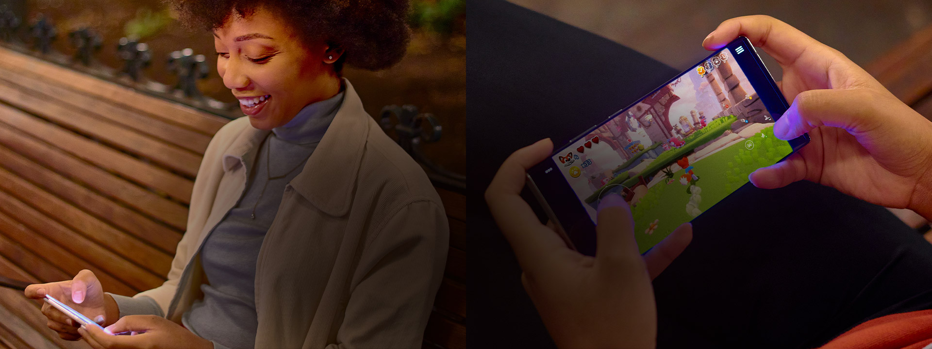 Kobieta na ławce gra w Super Lucky's Tale na swoim telefonie za pomocą sterowania dotykowego