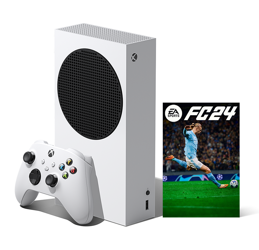 Ángulo izquierdo de la Xbox Series S con la imagen de la caja de EA Sports FC 24