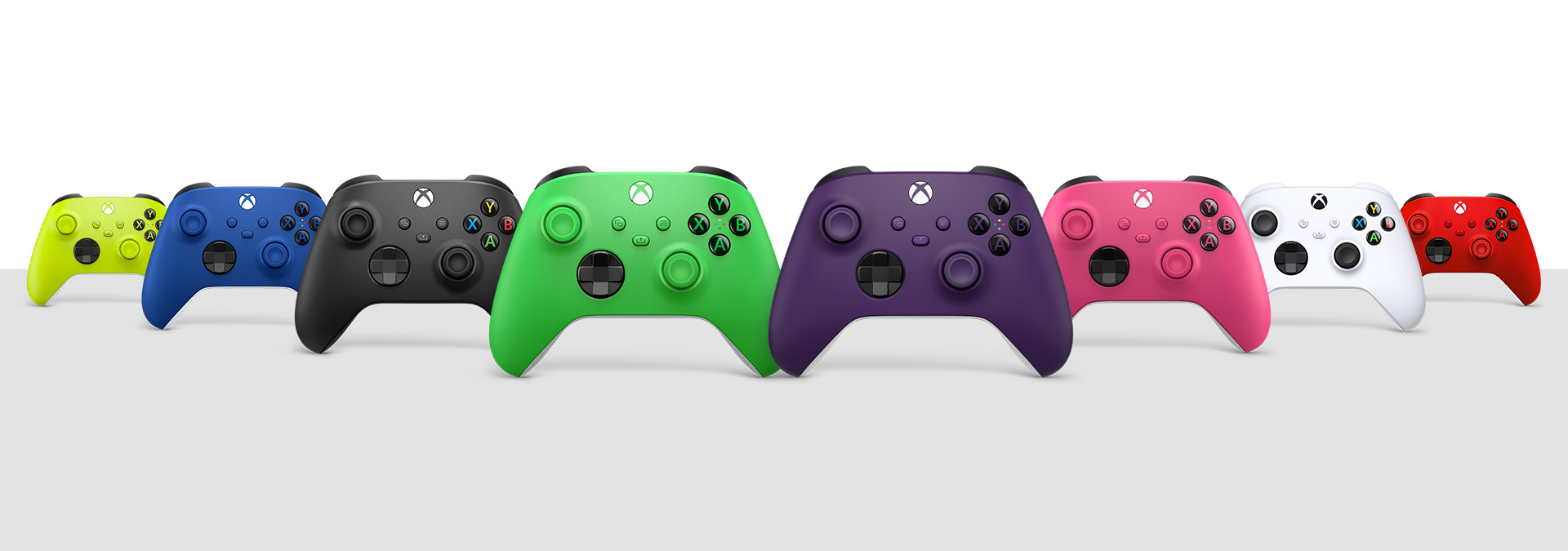 Vezeték nélküli Xbox-kontrollerek Carbon Black, Robot White, Shock Blue, Pulse Red, Electric Volt, Deep Pink, Velocity Green és Astral Purple színben