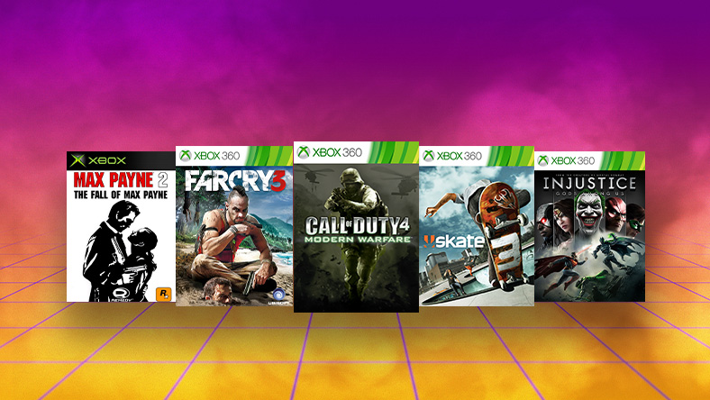 Box art from games that are part of the Back Compat Sale, including Far Cry 3, Call of Duty 4: Modern Warfare, and Skate 3.