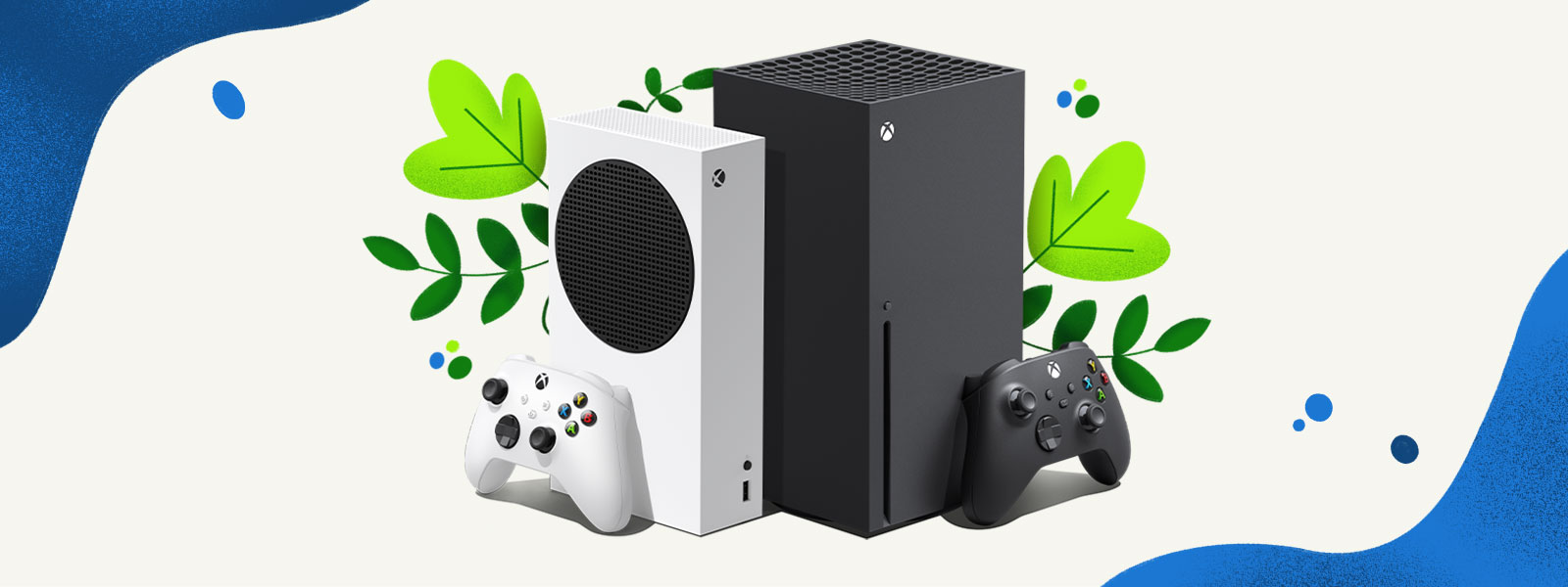 Xbox Series X と Xbox Series S のコンソールが植物と青い水しぶきの装飾的な背景の前に並べられている。