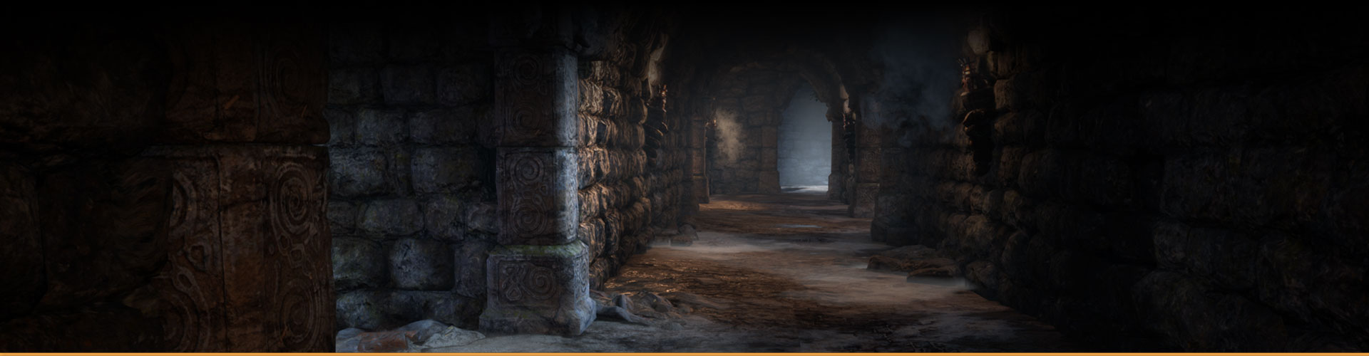 Пустой, тускло освещенный коридор со стенами из камня