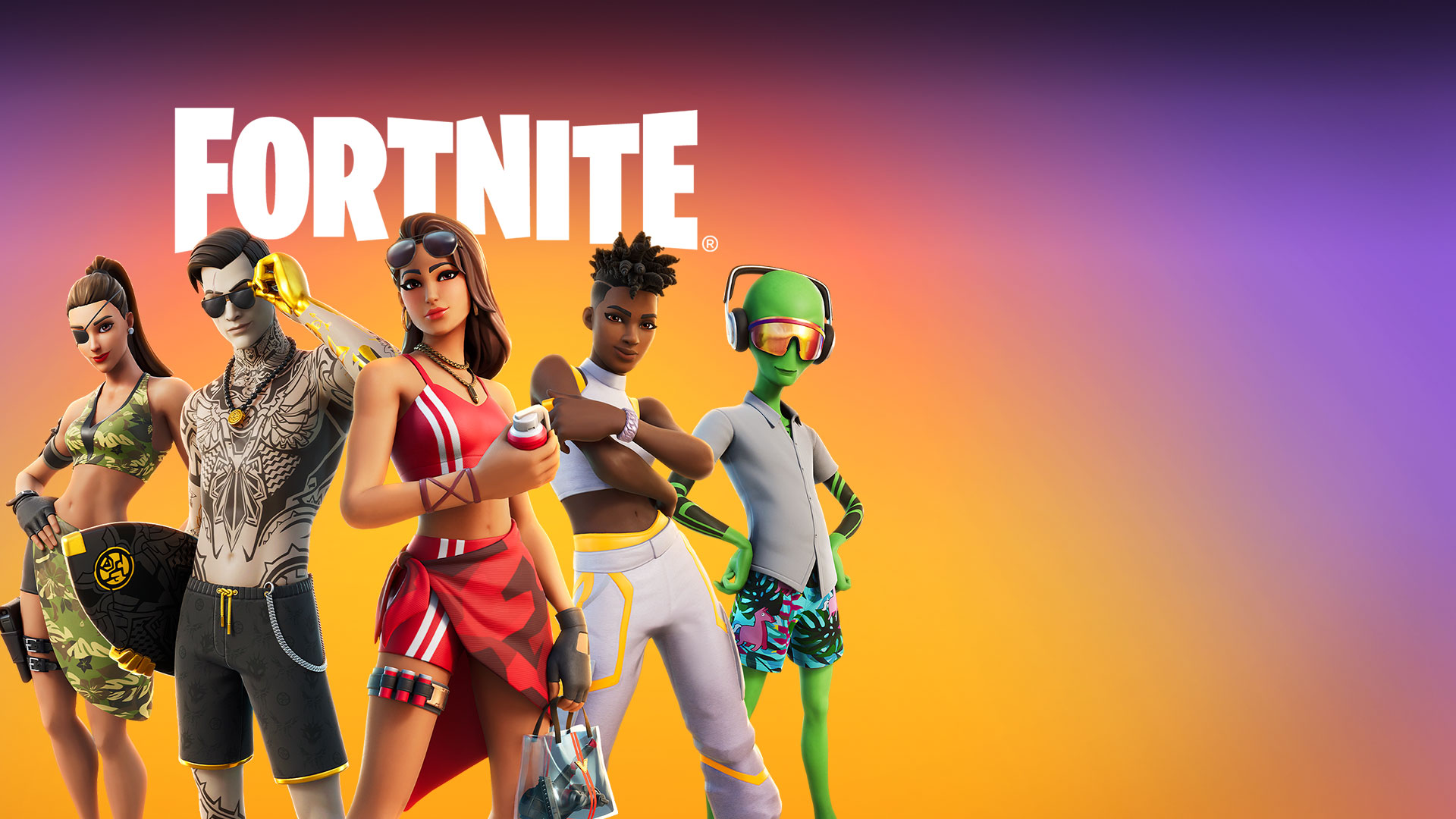 Five Fortnite characters in street clothes pose together.