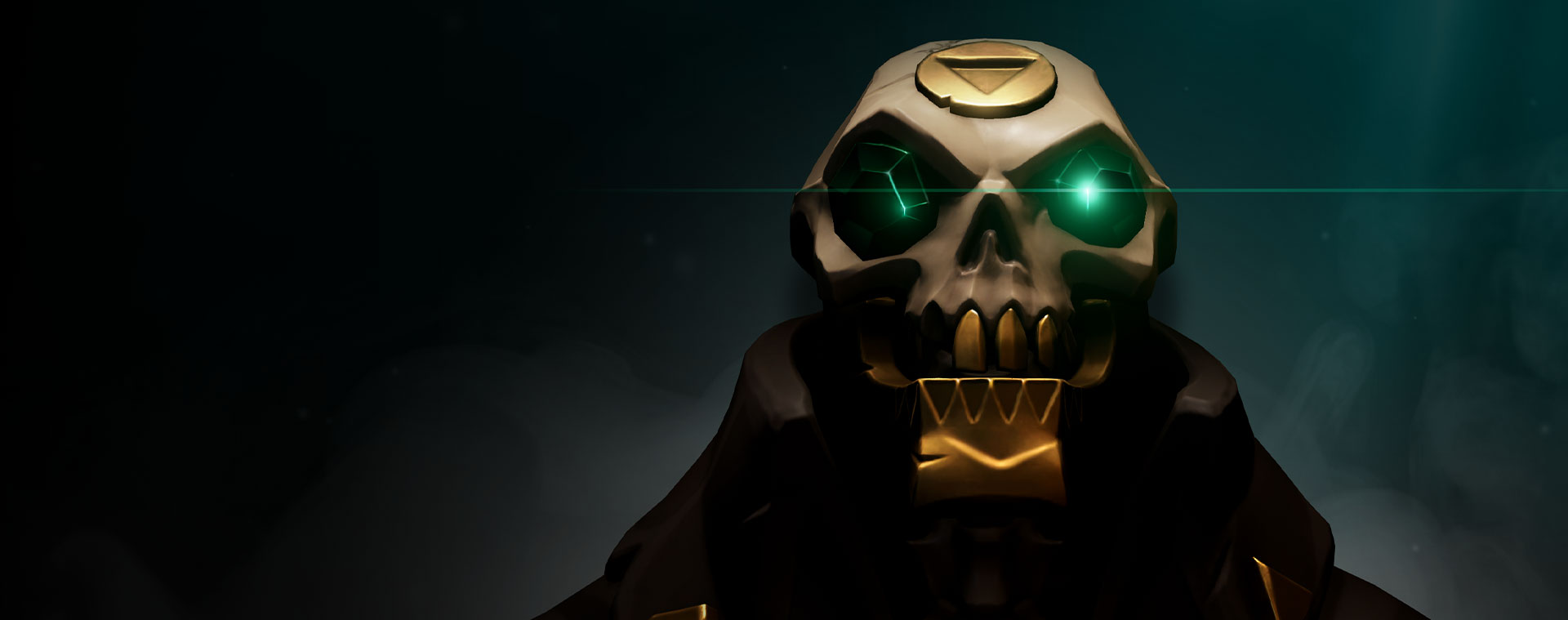 Una calavera de Sea of Thieves con gemas verdes como ojos