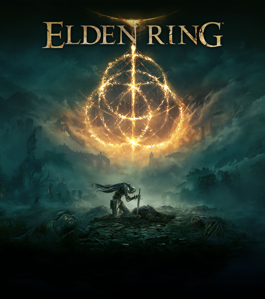 Elden Ring. Multiple fiery rings creating the Elden Ring symbol. Knight character with their sword in the ground in a desolate area with fog.