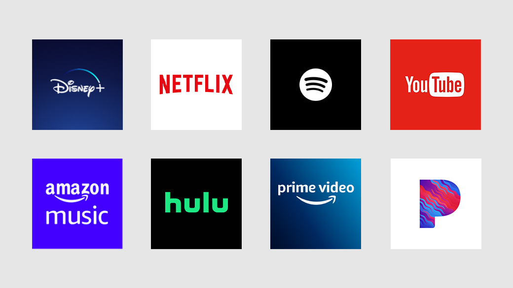 Um mosaico de ícones de aplicações de entretenimento, com Disney+, Netflix, Amazon, Hulu e muito mais.