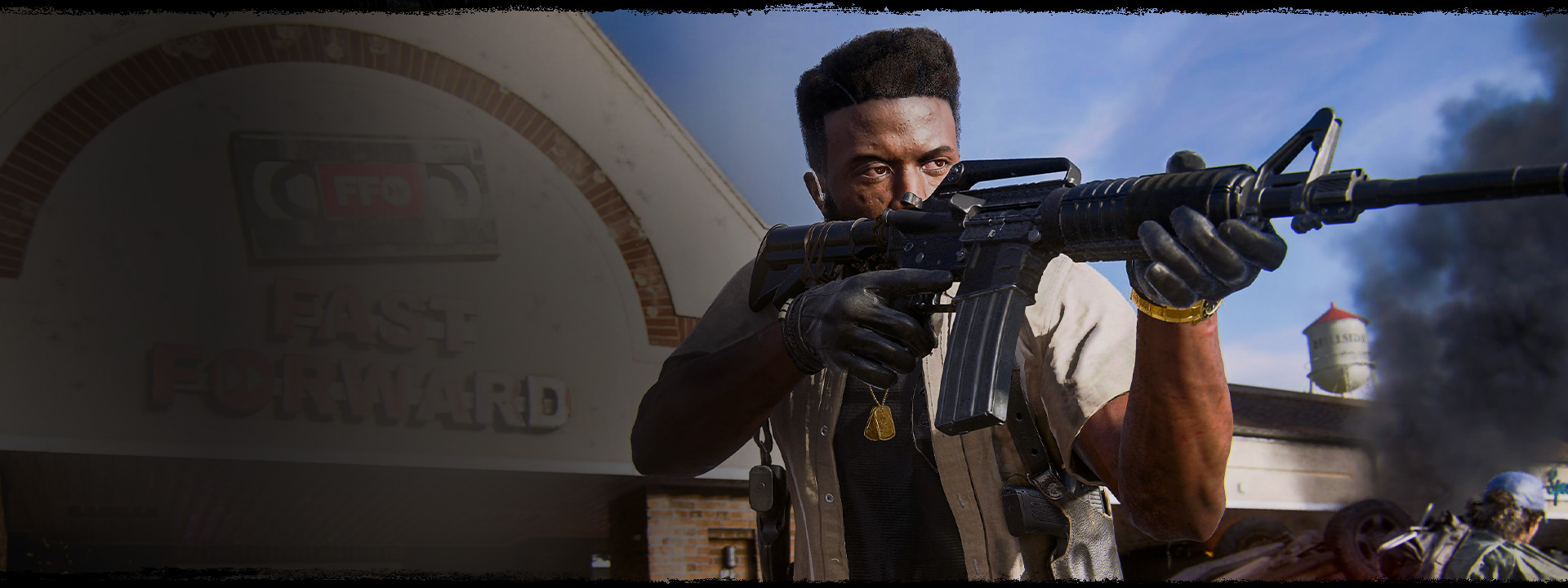 Un personnage pointe un gros pistolet au loin devant un magasin de location de vidéos.