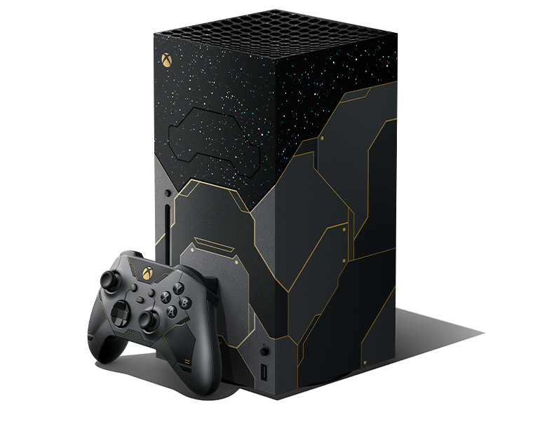 Miniaturbild: Xbox Series X Halo Infinite Limited Edition-Konsole und Controller von vorne