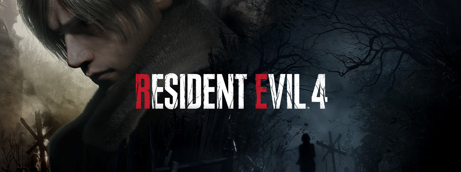 Resident Evil 4, harmaahiuksinen mies kääntyy surumielisesti poispäin, kun nainen kävelee synkkää ja karmivaa metsäpolkua pitkin.