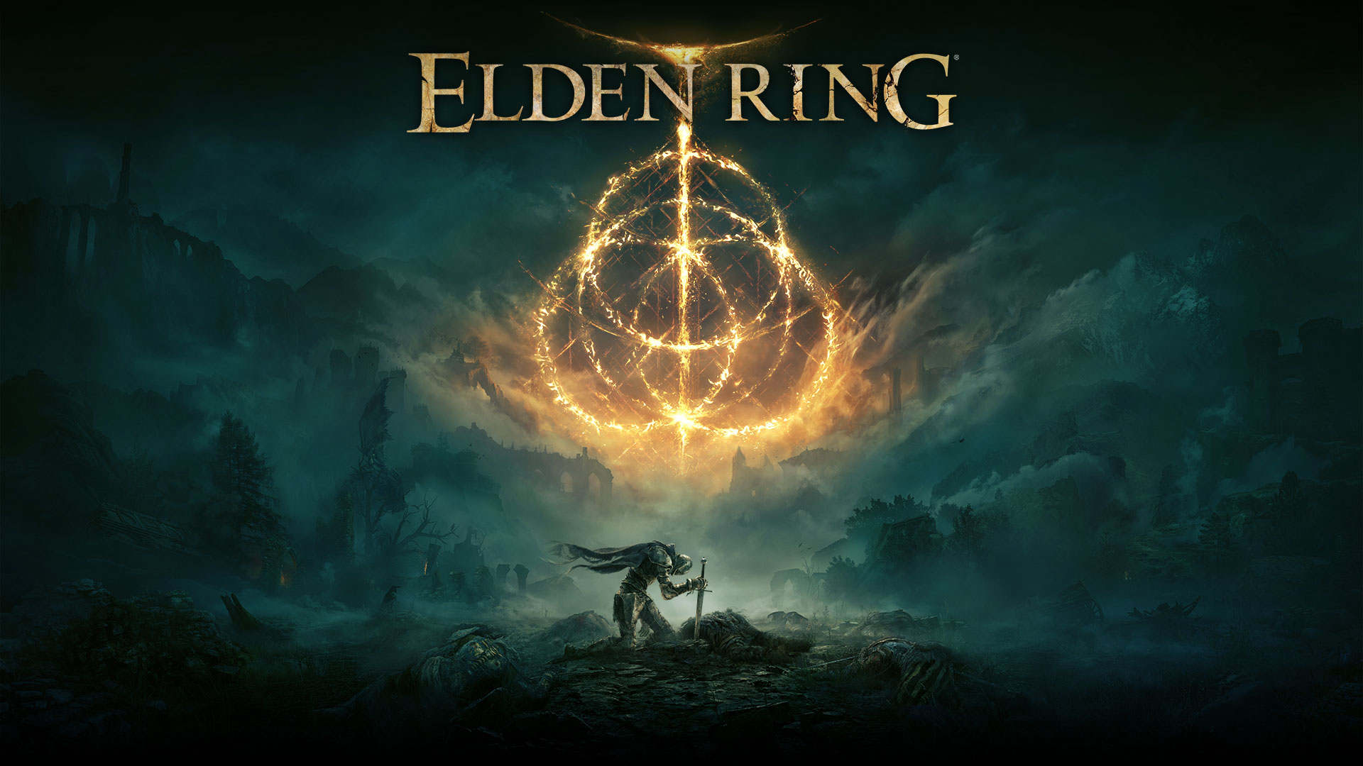 Elden RingElden Ring のシンボルを描く炎のリング。霧のかかった荒涼とした場所で、剣を地面に立てた騎士のキャラクター。