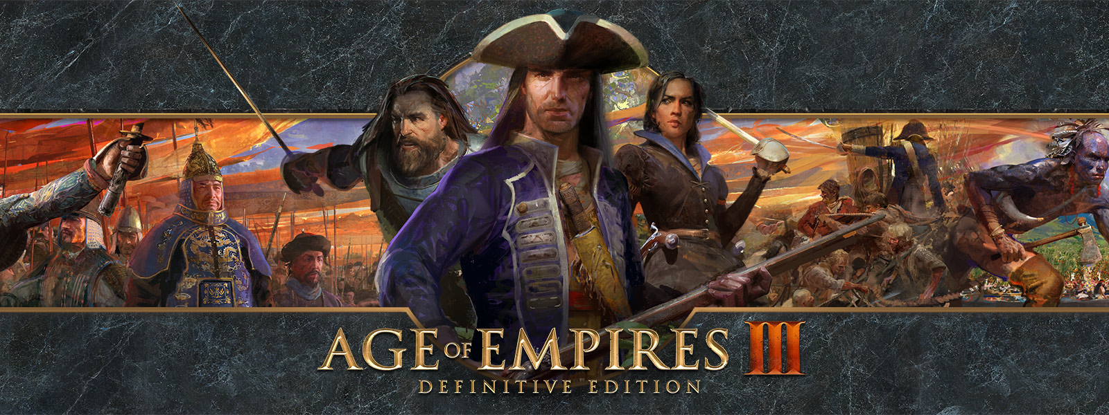 Logo Age of Empires III: Definitive Edition sur un arrière-plan présentant les chefs de guerre et leurs armées